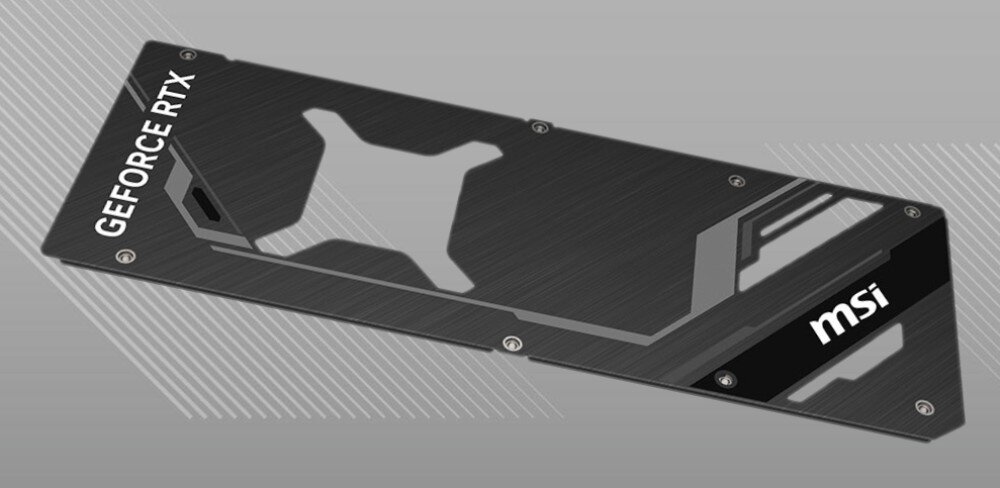 Karta graficzna MSI GeForce RTX 4090 Ventus 3X E OC 24GB Zdjęcie tylnej części karty graficznej, pokazujące czarną, szczotkowaną metalową płytę ochronną z otworami wentylacyjnymi, konstrukcja, metalowy backplate, wspornik, aluminiowa osłona