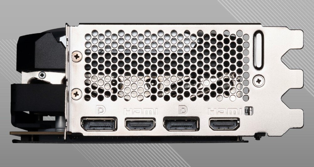 Karta graficzna MSI GeForce RTX 4090 Ventus 3X E OC 24GB Zdjęcie panelu wyjść w karcie graficznej, ukazujące metalową kratkę wentylacyjną oraz cztery porty – dwa DisplayPort i dwa HDMI, porty, złącza, rozdzielczość