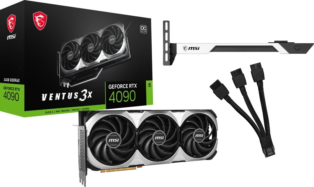 Karta graficzna MSI GeForce RTX 4090 Ventus 3X E OC 24GB Zdjęcie zestawu zawierającego kartę graficzną, wspornik montażowy oraz przewód zasilający, opakowanie, zestaw