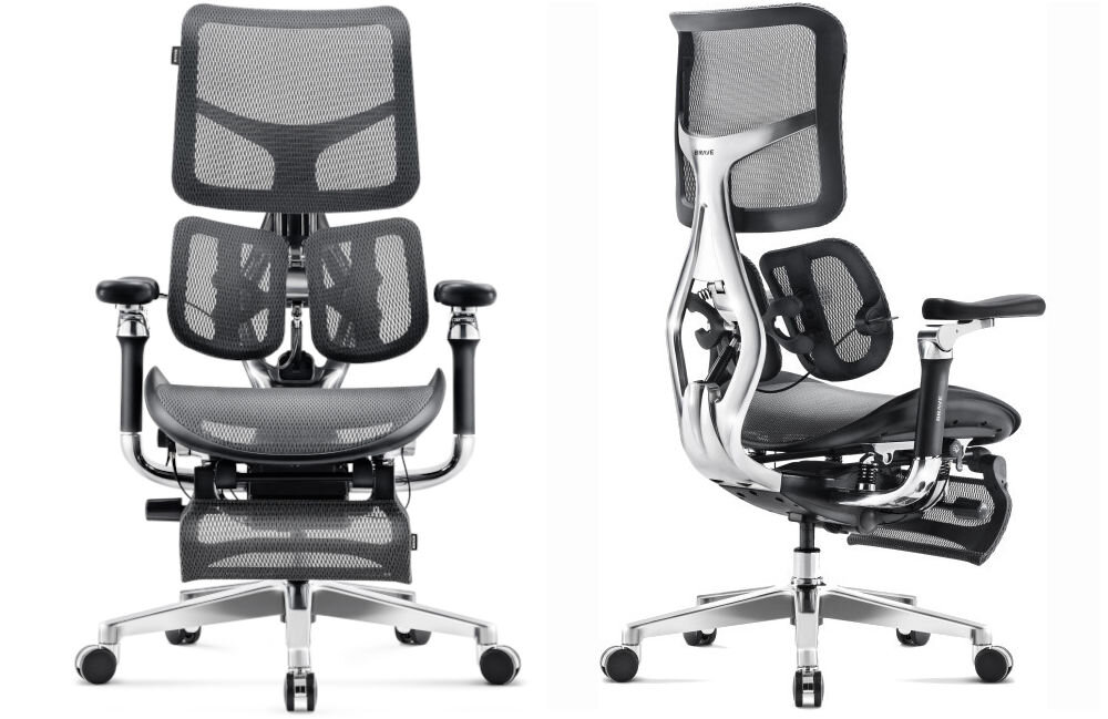 Fotel DIABLO CHAIRS Brave V-Kinetic Czarny prezentacja fotela od przodu i od tyłu pod kątem na białym tle ergonomiczny biurowy komfort postawa ruch design gabinet ekskluzywny indywidualne potrzeby