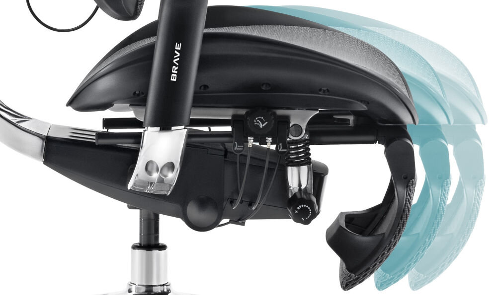 Fotel DIABLO CHAIRS Brave V-Kinetic Czarny prezentacja możliwości regulacji głębokości siedzenia na białym tle regulacja głębokości siedziska wygoda ergonomia wsparcie nóg
