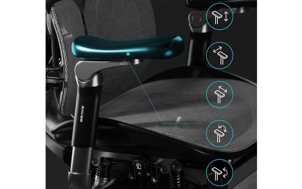 Fotel DIABLO CHAIRS Brave V-Kinetic Czarny zbliżenie na podłokietnik na szarym tle ikony z pokazanymi możliwościami regulacji podłokietniki Armtech Precision 5D regulacja komfort ergonomia wsparcie łokci