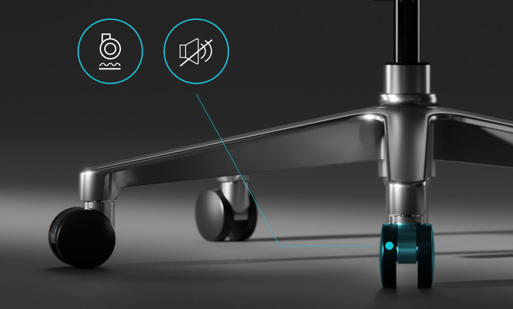 Fotel DIABLO CHAIRS Brave V-Kinetic Czarny zbliżenie na kółka ikona przekreślonego głośnika na ciemnym tle gumowe kółka ciche przemieszczanie ochrona podłogi ergonomia