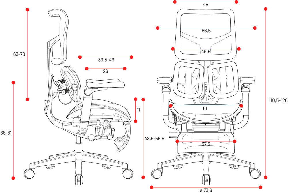 Fotel DIABLO CHAIRS Brave V-Kinetic Czarny prezentacja fotela od przodu i od boku na białym tle z wymiarami wygodna pozycja wsparcie pleców regulacja dopasowanie do różnych sylwetek