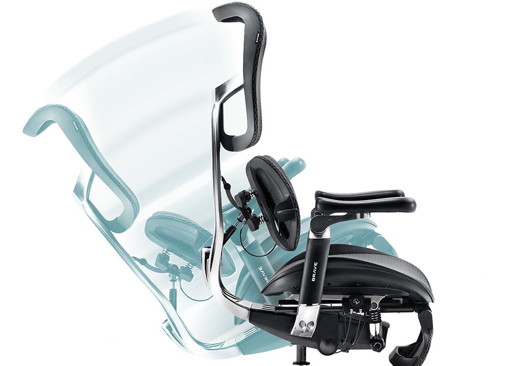 Fotel DIABLO CHAIRS Brave V-Kinetic Czarny prezentacja fotela i pokazanie możliwości mechanizmu na białym tle mechanizm Tiltech Dynamic Support funkcja bujania komfort ergonomia dopasowanie