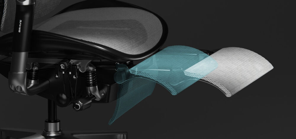 Fotel DIABLO CHAIRS Brave V-Kinetic Czarny prezentacja możliwości regulacji podnóżka na ciemnym tle regulowany podnóżek kąt położenia komfort relaks ergonomia