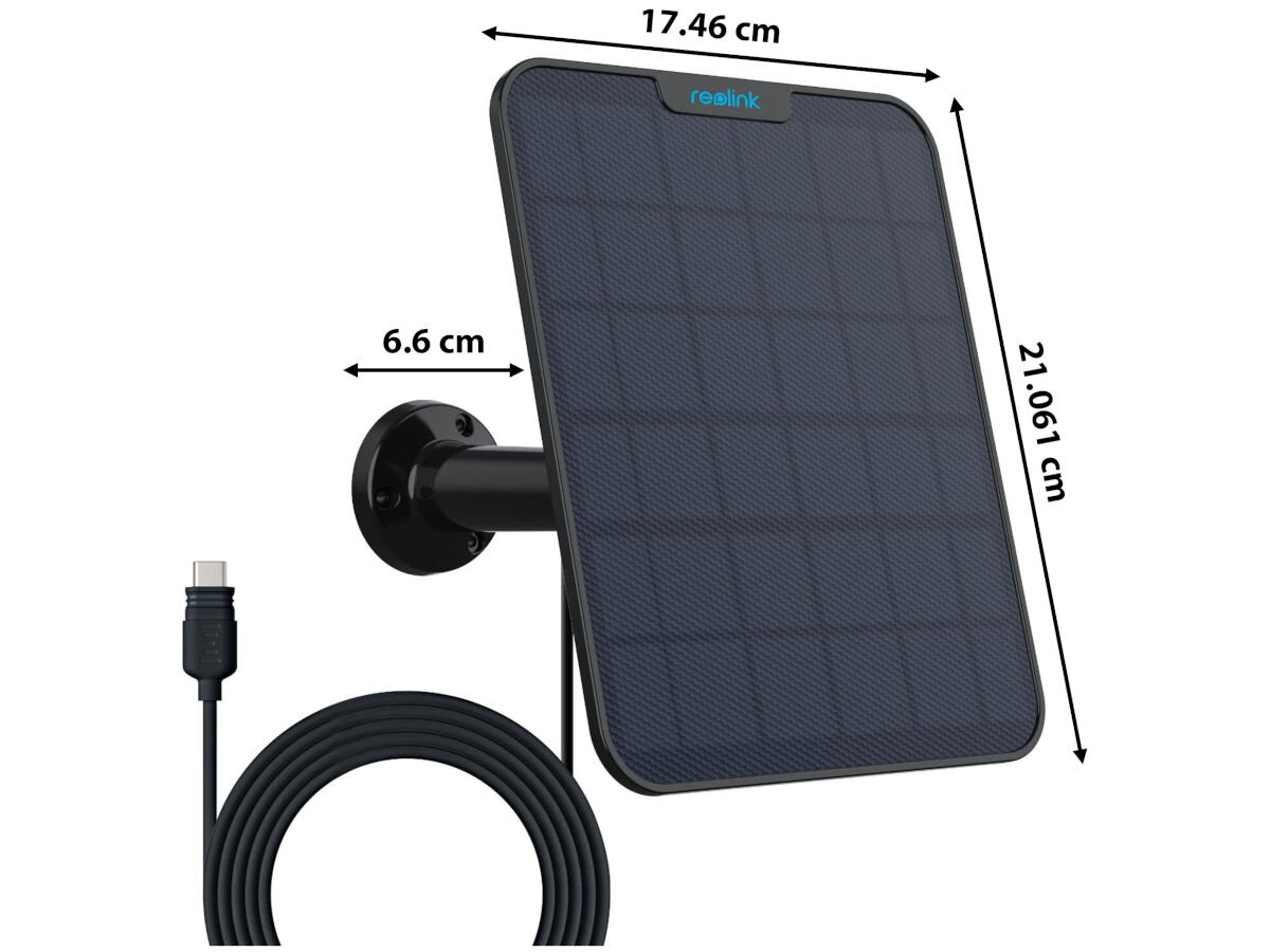 Panel solarny REOLINK 2 Czarny, regulacja, kompatybilność, montaż, parametry, Panel REOLINK 2 z wymiarami 21.06 x 17.46 x 6.6 cm, kabel USB-C, detal produktu na białym tle.