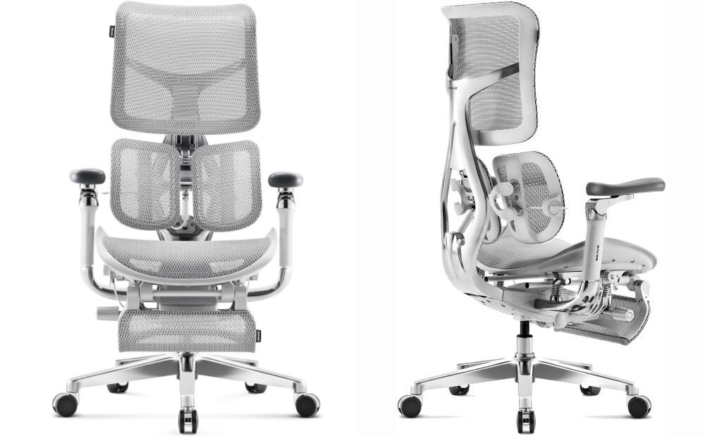 Fotel DIABLO CHAIRS Brave V-Kinetic Szary prezentacja fotela od przodu i od tyłu pod kątem na białym tle ergonomiczny biurowy komfort postawa ruch design gabinet ekskluzywny indywidualne potrzeby