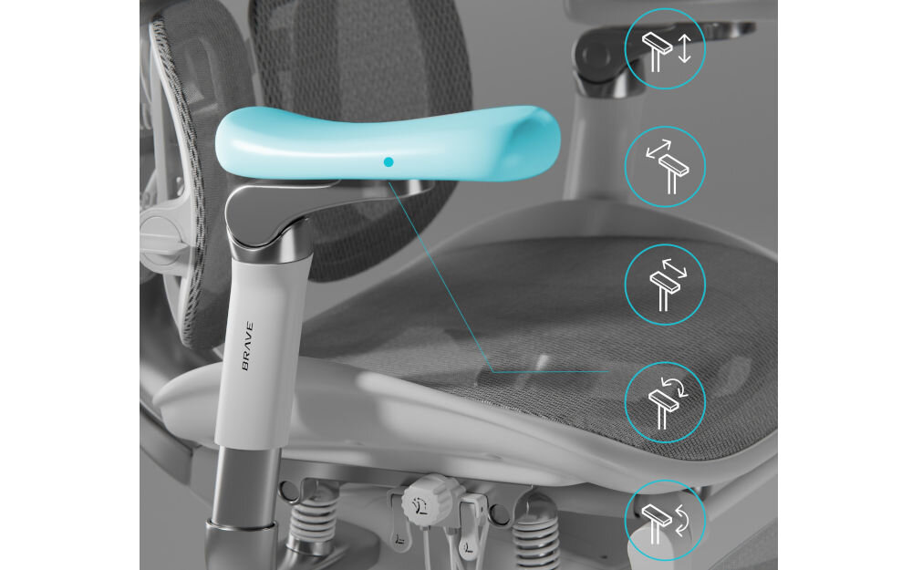 Fotel DIABLO CHAIRS Brave V-Kinetic Szary zbliżenie na podłokietnik na szarym tle ikony z pokazanymi możliwościami regulacji podłokietniki Armtech Precision 5D regulacja komfort ergonomia wsparcie łokci
