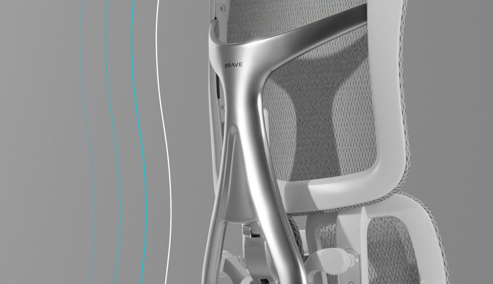 Fotel DIABLO CHAIRS Brave V-Kinetic Szary prezentacja fotela od tyłu pod kątem pokazanie jego konstrukcji na szarym tle design AluFrame Streamline aluminium połyskujący smukła konstrukcja ergonomia komfort premium