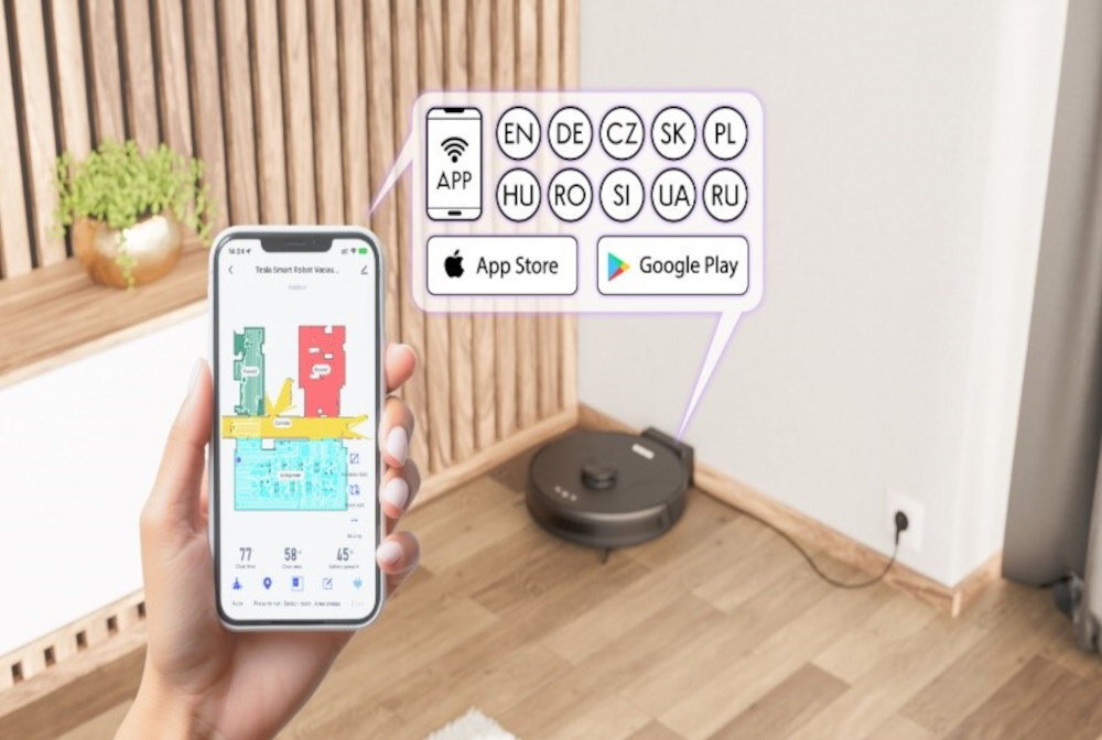 Robot sprzątający TESLA Smart Vacuum Cleaner Laser AI200 połączenie aplikacja TESLA Smart sieć Wi-Fo personalizacja sprzątanie automazycja