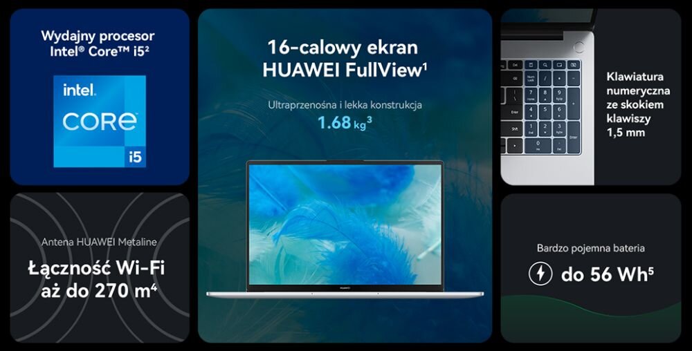 Laptop HUAWEI MateBook D 16 ekran wydajność grafika karta procesor taktowanie pojemność bateria ładowanie pamięć ram rom wyświetlacz rozdzielczość kamerka system klawiatura porty