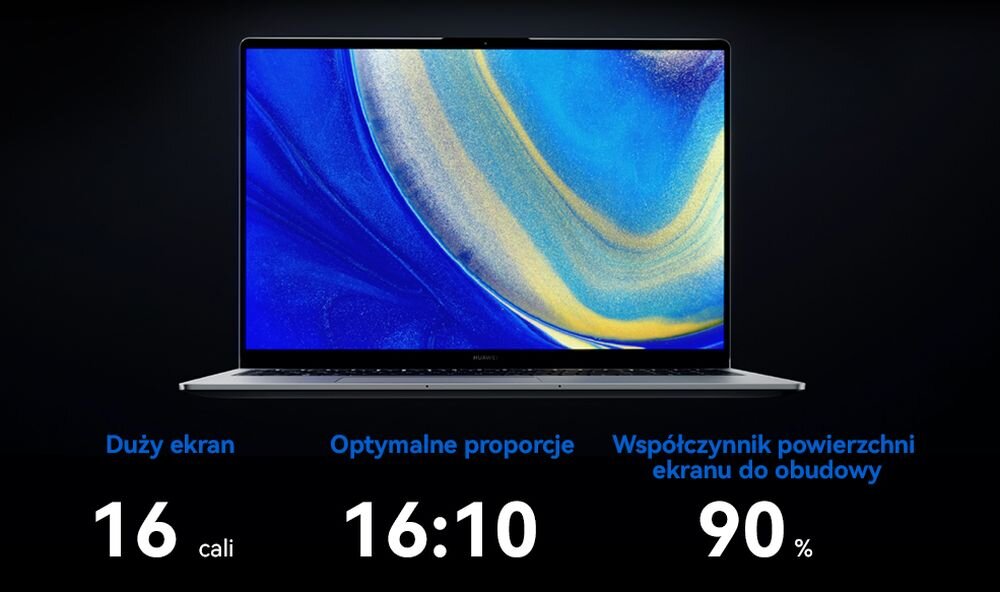 Laptop HUAWEI MateBook D 16 ekran wydajność grafika karta procesor taktowanie pojemność bateria ładowanie pamięć ram rom wyświetlacz rozdzielczość kamerka system klawiatura porty