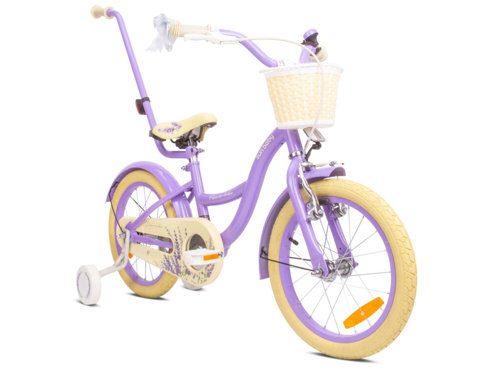 Rower dziecięcy SUN BABY Flower 16 cali dla dziewczynki Lawendowy pieknie wykonczony lawendowy lakier ciekawie wykonczony detale kwiaty lawendy kokardki przy kierownicy dla dzieci w wieku od 4 do 6 lat