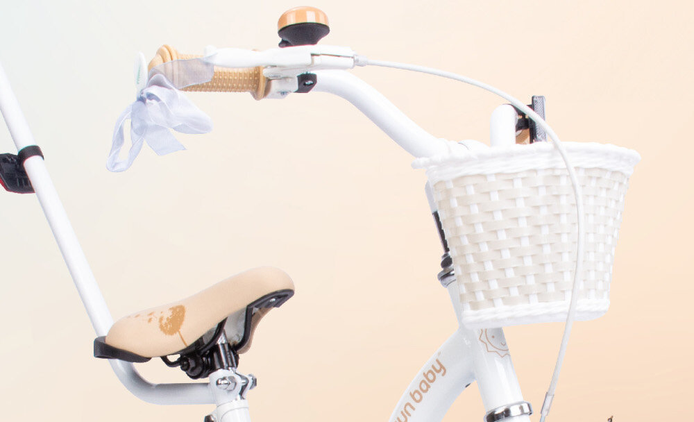 Rower dziecięcy SUN BABY Flower 16 cali dla dziewczynki Biało-beżowy najwyzszy komfort jazdydziecko nie odczuje dyskomfortu zapewniona odpowiednia pozycja ciala kierownica regulacja w zakresie od 72 do 80 cm uchwyty antyposlizgowy material zabezpiecza dlonie przed otarciami