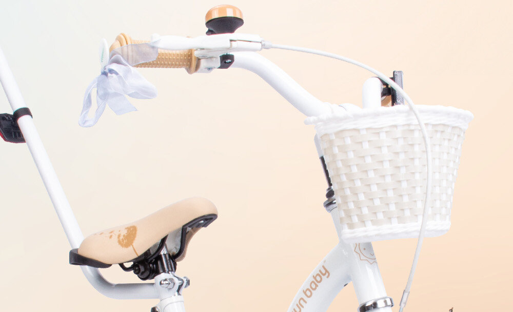 Rower dziecięcy SUN BABY Flower 14 cali dla dziewczynki Biało-beżowy najwyzszy komfort jazdydziecko nie odczuje dyskomfortu zapewniona odpowiednia pozycja ciala kierownica regulacja w zakresie 68-74 cm uchwyty antyposlizgowy material zabezpiecza dlonie przed otarciami