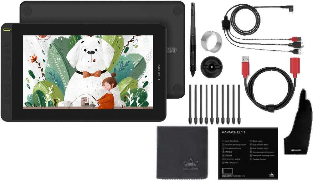 Tablet graficzny HUION Kamvas 12 Czarny opakowanie zestaw zawartość akcesoria