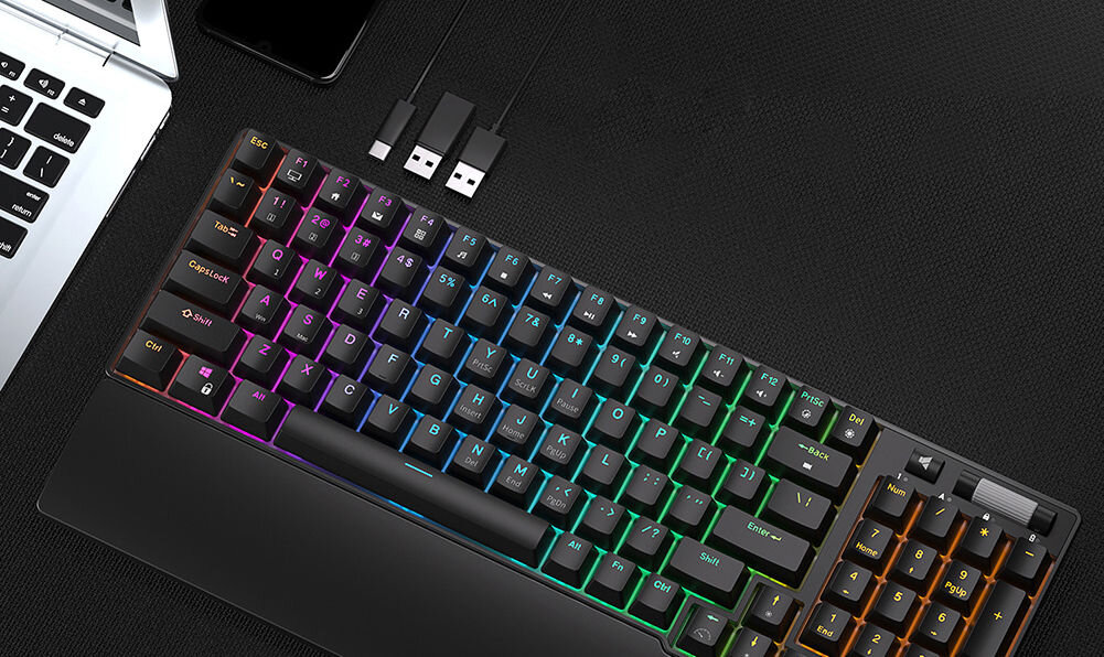 Klawiatura ROYAL KLUDGE RK96 Black Brown Switch kilka opcji połączenia 2.4 GHz Bluetooth specjalny przełącznik możliwość połączenia trzech różnych urządzeń