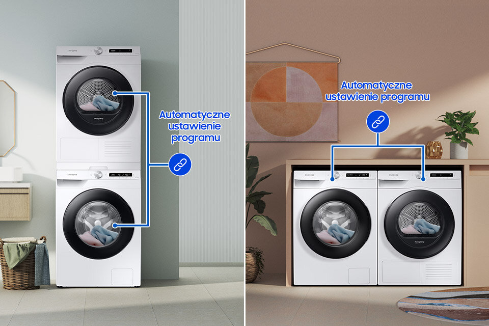 Inteligentna pralka Samsung WW90T504DAWCS6 przesyła do kompatybilnej suszarki Samsung ustawienia cyklu suszenia