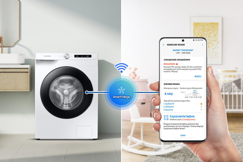 Pralką Samsung WW90T504DAWCS6 można sterować z dowolnego miejsca