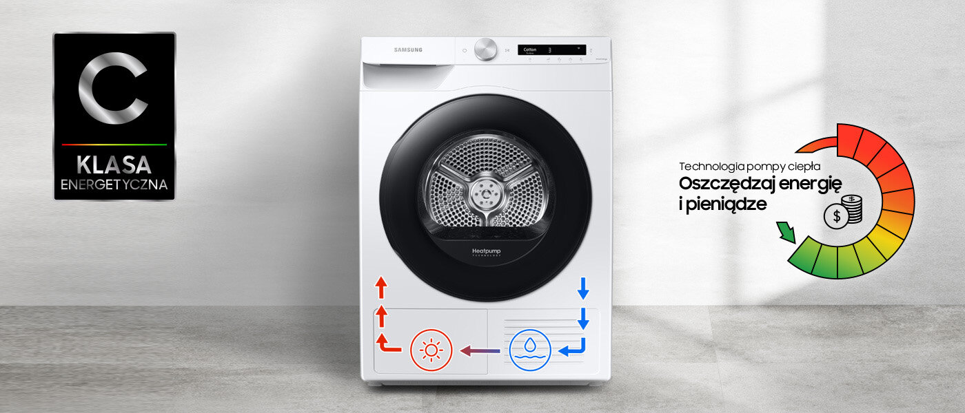 Niskie zużycie energii elektrycznej: Samsung suszarka DV90T5240AWS6 Niskie zużycie energii elektrycznej: Samsung suszarka DV90T5240AWS6
