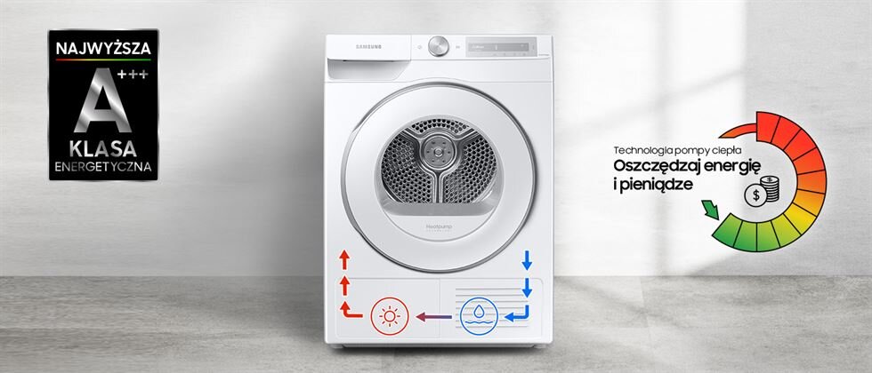 Media Expert - Samsung DV90T6240HHS6: zalety: niskie zużycie energii elektrycznej Media Expert - Samsung DV90T6240HHS6: zalety suszarki: niskie zużycie energii elektrycznej