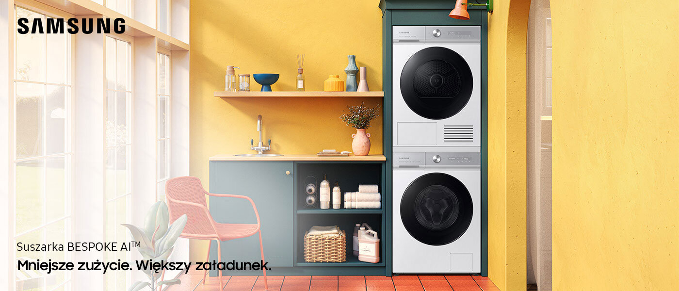 Media Expert - Samsung suszarka DV90BB9445GHS6 - zdjęcie w żółtej zabudowie Media Expert - Samsung suszarka Bespoke DV90BB9445GHS6 - zdjęcie w żółtej zabudowie
