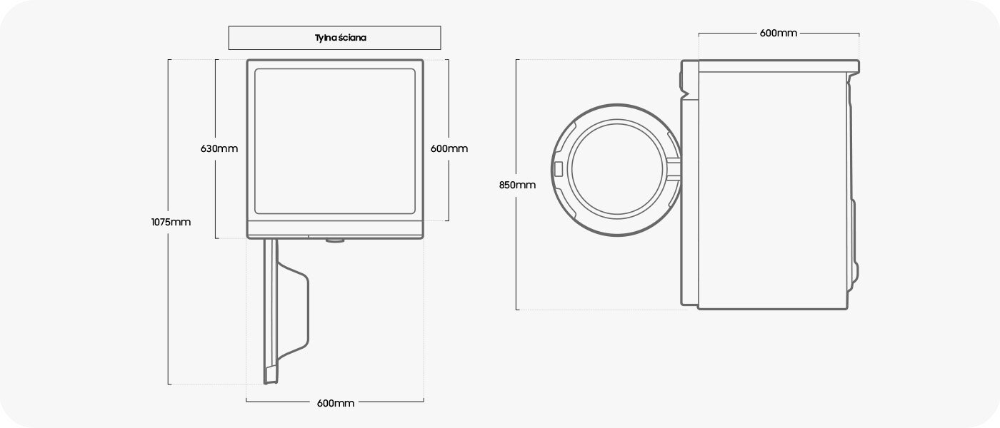 Pralka Samsung BESPOKE AI master WW11BB944DGHS6 - przegląd wymiarów urządzenia
