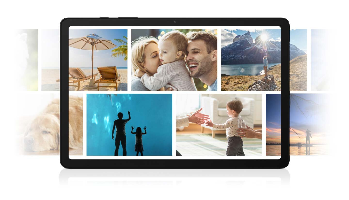 obrazek pamiec W dwóch horyzontalnych liniach wyświetlone są fotografie. Na górze zdjęć jest ramka Galaxy Tab A9+, aby zobrazować dużą pojemność urządzenia.