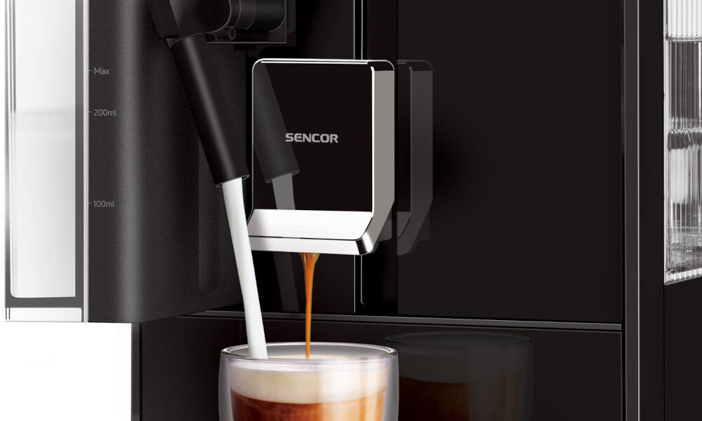 Ekspres SENCOR SES 9300BK system mleczny EasyLatte szybkie łatwe przygotowanie cappuccino caffe latte funkcja automatycznego czyszczenia zawsze gotowy do kolejnego użycia idealna konsystencja spienionego mleka komfort użytkowania