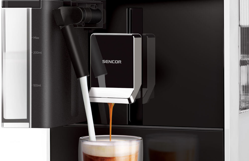 Ekspres SENCOR SES 9301WH system mleczny EasyLatte szybkie łatwe przygotowanie cappuccino caffe latte funkcja automatycznego czyszczenia zawsze gotowy do kolejnego użycia idealna konsystencja spienionego mleka komfort użytkowania