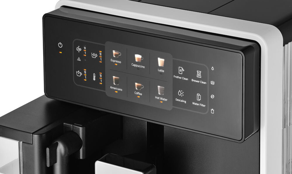 Ekspres SENCOR SES 9301WH kolorowy panel LED dotykowe sterowanie łatwa obsługa pełna kontrola wyraźne ikony podświetlenie LED szybkie dostosowanie parametrów temperatura intensywność rozmiar prosty sposób przygotowanie idealnego napoju
