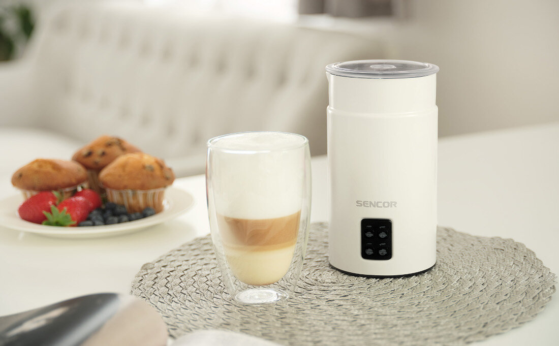 Spieniacz SENCOR SMF 2030WH Biały Łatwe przygotowanie napojów cappuccino, latte, macchiato, gorącą czekoladę czy Matcha Latte ntuicyjna obsługa Trzepaczka ze stali nierdzewnej konsystencja