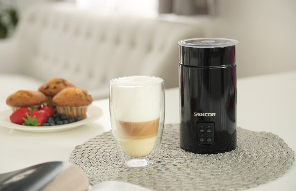 Spieniacz SENCOR SMF 2031BK Czarny Łatwe przygotowanie napojów cappuccino, latte, macchiato, gorącą czekoladę czy Matcha Latte ntuicyjna obsługa Trzepaczka ze stali nierdzewnej konsystencja