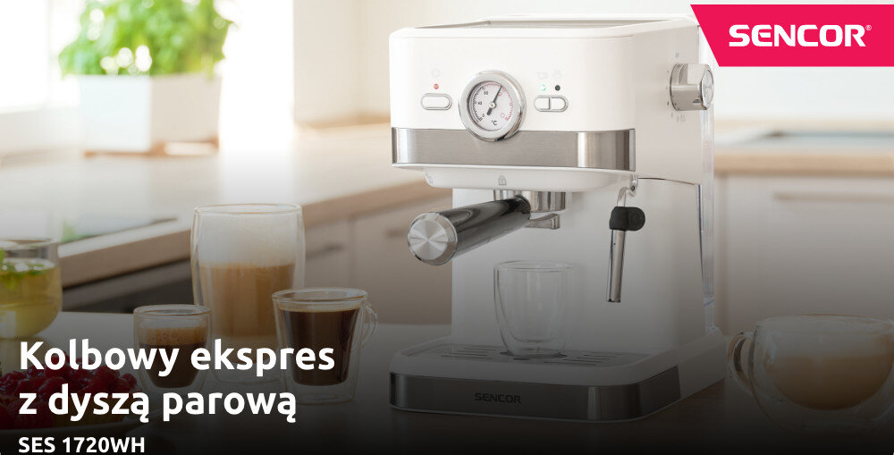 Biały ekspres do kawy z dyszą parową i manometrem, otoczony filiżankami z napojami. Widoczny tekst: \'Kolbowy ekspres z dyszą parową SES 1720WH\', logo \'SENCOR\'.