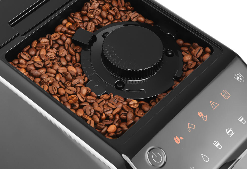 Ekspres SENCOR SES 8000BK latte cappuchino przyjemność funkcja mikropianki mlecznej pojemnik na mleko pojemność 750 ml przygotowanie kremowych napojów system automatycznego spieniania mleka wbudowany młynek stal nierzdewna precyzyjne mielenie ziaren 15 ustawień stopnia zmielenia dostosowanie grubości kawy wyjątkowa jakość każdego napoju 