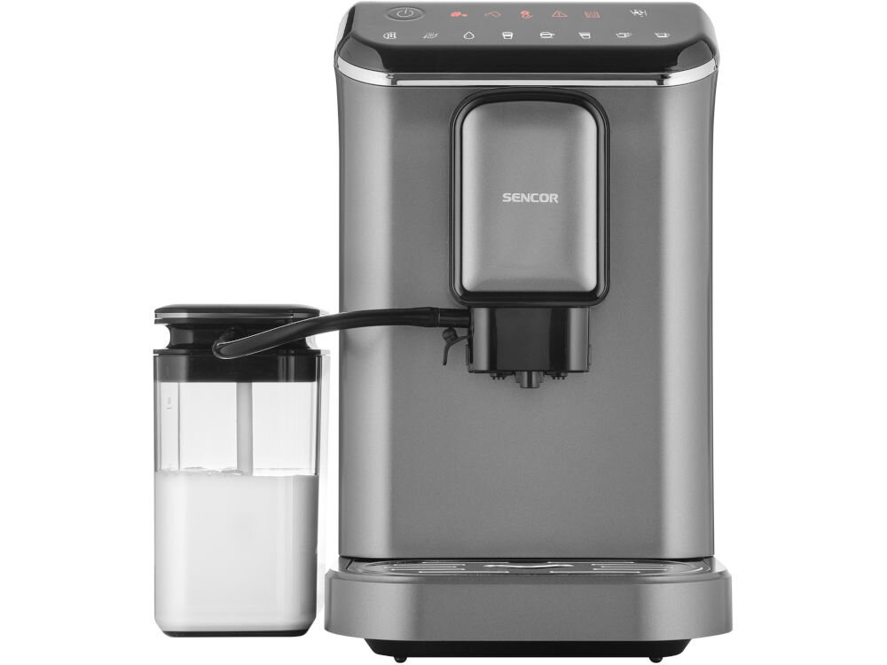 Ekspres SENCOR SES 8000BK moc 1350 W szybkie efektywne działanie wymiary kolor szary elementy czarnego komfort użytkowania elegancki wygląd automatyczne przepłukiwanie tryb ECO efektywność energetyczna kompaktowa budowa stylowy design funkcja oszczędzania energii redukcja kosztów eksploatacji