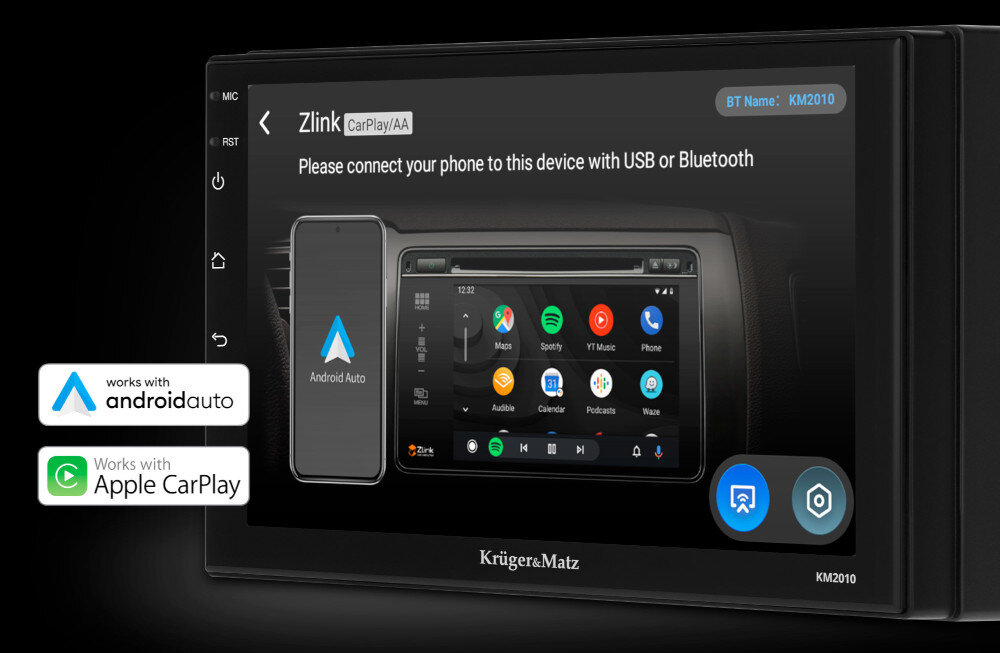 Radio samochodowe KRUGER&MATZ KM 2010 funkcje CarPlay Android Auto portu USB połączenia, wiadomości oraz multimedia wyświetlaczu