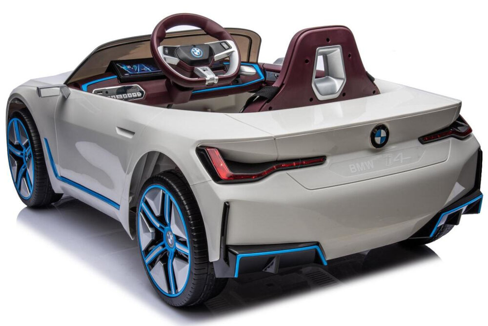 Samochód dla dziecka ENERO BMW I4 Biały dwa silniki o lacznej mocy 50 W 2 x 25 W w tylnych kolach automatyczny hamulec trzypunktowe pasy bezpieczenstwa