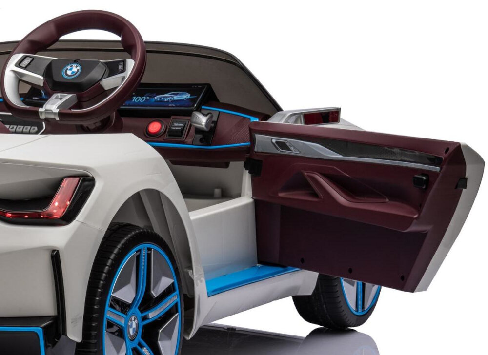 Samochód dla dziecka ENERO BMW I4 Biały akumulator kwasowo-olowiowy napiecie 12 V pojemnosc 4,5 Ah czas dzialania do 120 minut bez ladowania czas ladowania okolo 8-12 godzin czerwony przycisk ladowarka i akumulator w zestawie
