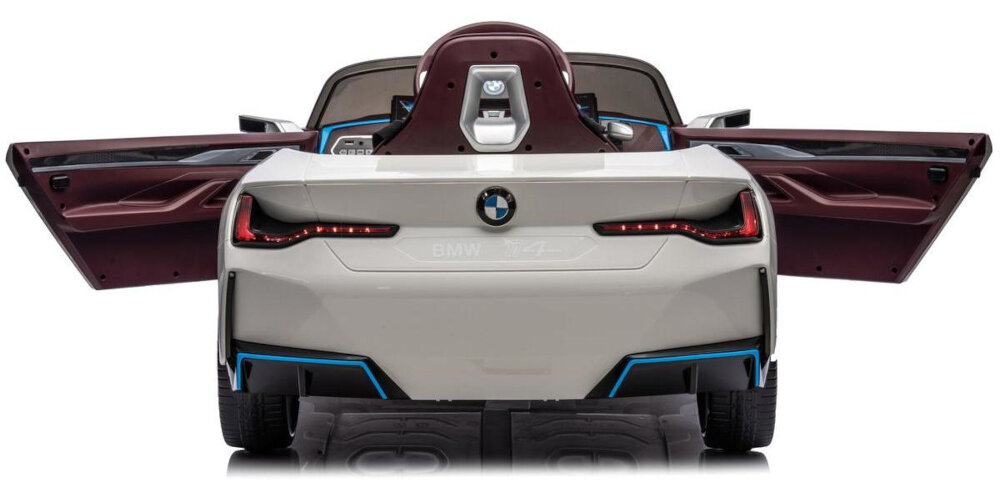 Samochód dla dziecka ENERO BMW I4 Biały liczne funkcje multimedialne Bluetooth gniazdo mini Jack odtwarzacz MP3 wgrane melodie wejscie USB-A klakson otwierane z dwoch stron drzwiczki lusterka wsteczne