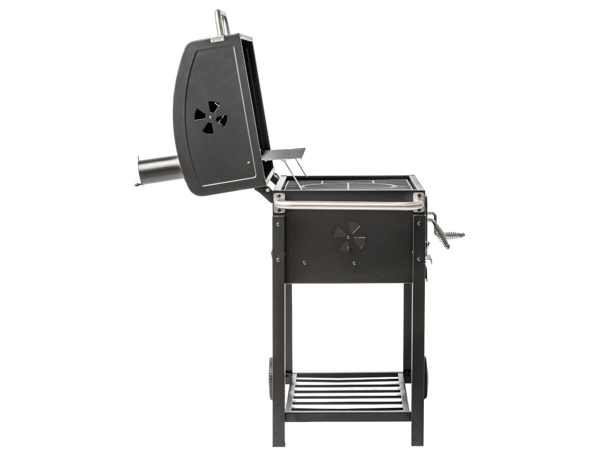 Grill węglowy BBQ LINE MIR4525 z kominem 61 x 45.5 cm, wymiary, waga, przestrzeń, Konstrukcja, na białym tle grill od bocznej strony frontem na wprost