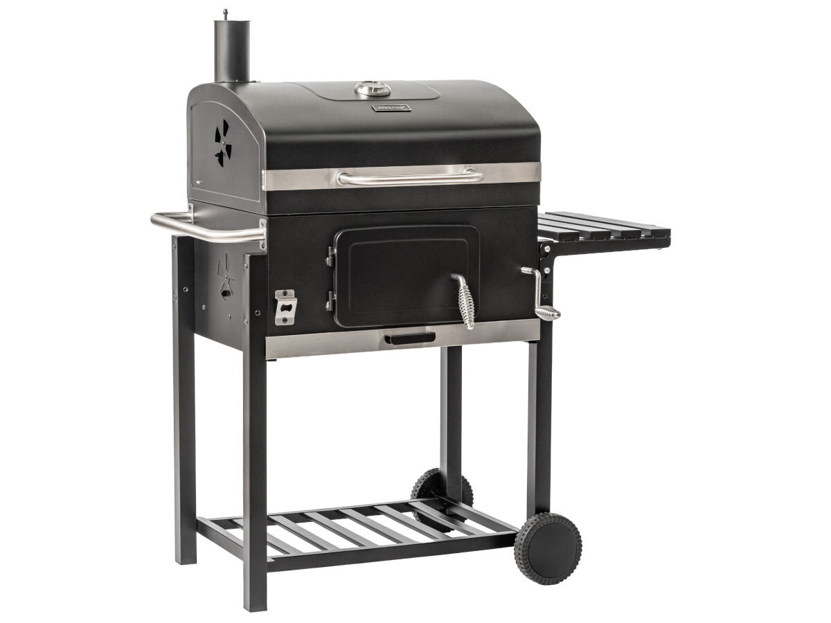 Grill węglowy BBQ LINE MIR4525 z kominem 61 x 45.5 cm, wentylacja, powietrze, temperatura, rozpalanie, na białym tle grill pionowo frontem lewo skos