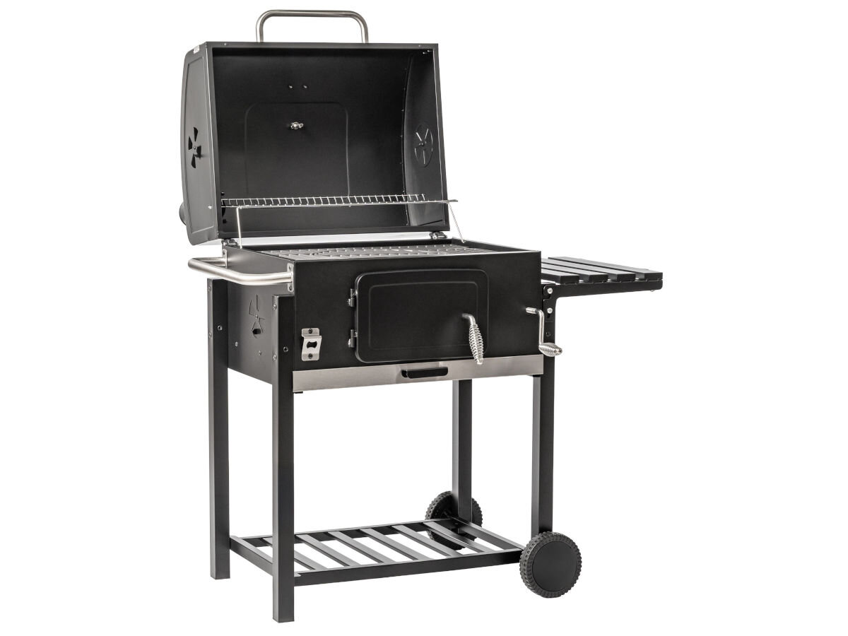 Grill węglowy BBQ LINE MIR4525 z kominem 61 x 45.5 cm, wysokość, ruszt, chromowane, stal, na białym tle grill z otwartą pokrywą frontem lewo skos
