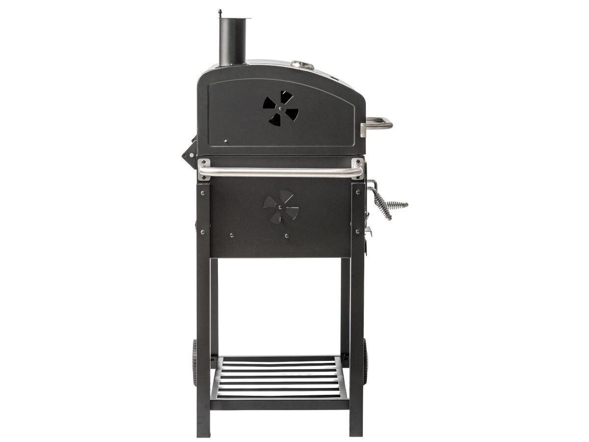 Grill węglowy BBQ LINE MIR4525 z kominem 61 x 45.5 cm, paliwo, temperatura, otwieracz, butelki, na białym tle grill z zamkniętą pokrywą od boku frontem na wprost