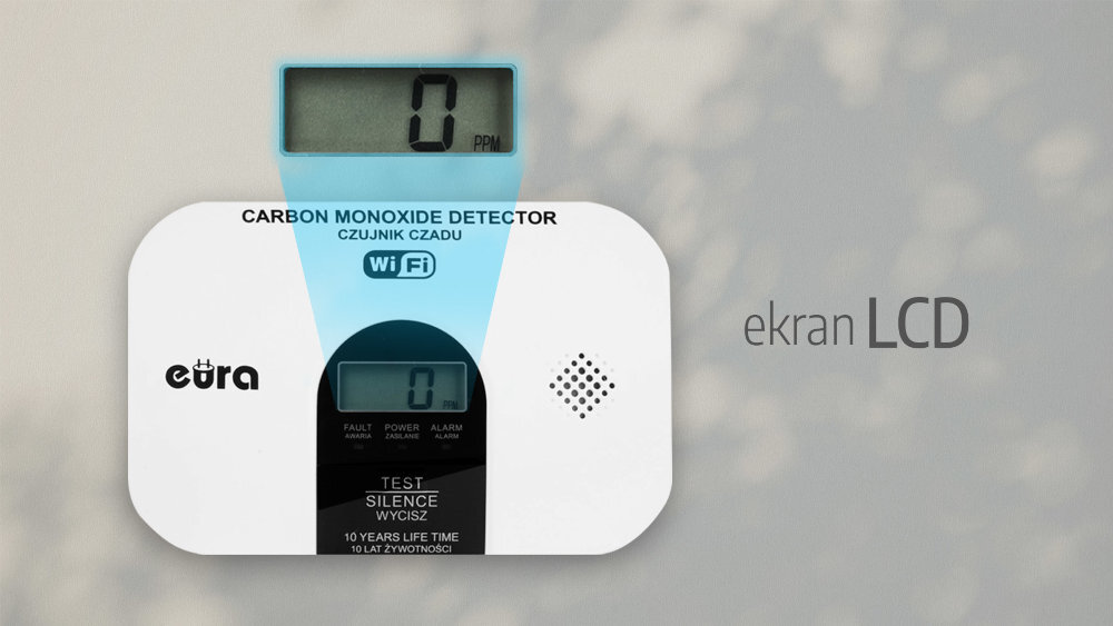 EURA CD-17A2v2300/B uruchamia alarm o głośności do 85 dB migające światło LED ekran LCD tlenku węgla
