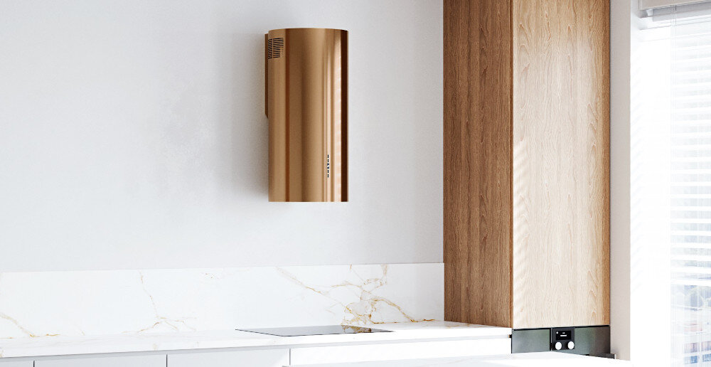 OKAP GLOBALO CALMIO 39.1 CARMEL GOLD złoty stal nierdzewna montaż przyścienny wyciąg pochłaniacz filtr aluminiowy węglowy oświetlenie LED soft-touch przyciski sterowanie moc