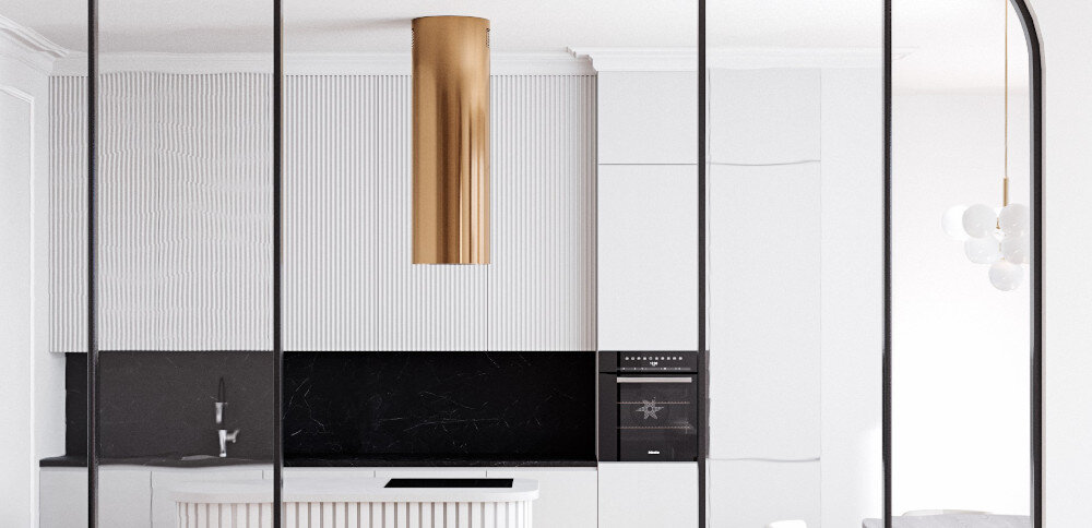 OKAP GLOBALO Calmio Isola 39.1 CARMEL GOLD złoty stal nierdzewna montaż przyścienny wyciąg pochłaniacz filtr aluminiowy węglowy oświetlenie LED soft-touch przyciski sterowanie moc