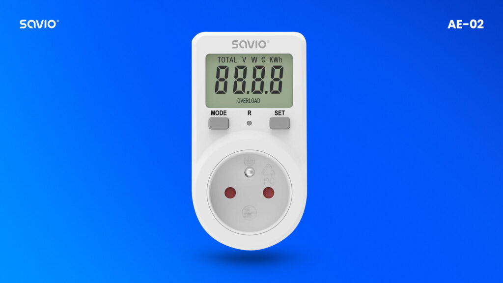 Watomierz z wyświetlaczem LCD SAVIO AE-02 1 na niebieskim tle pl