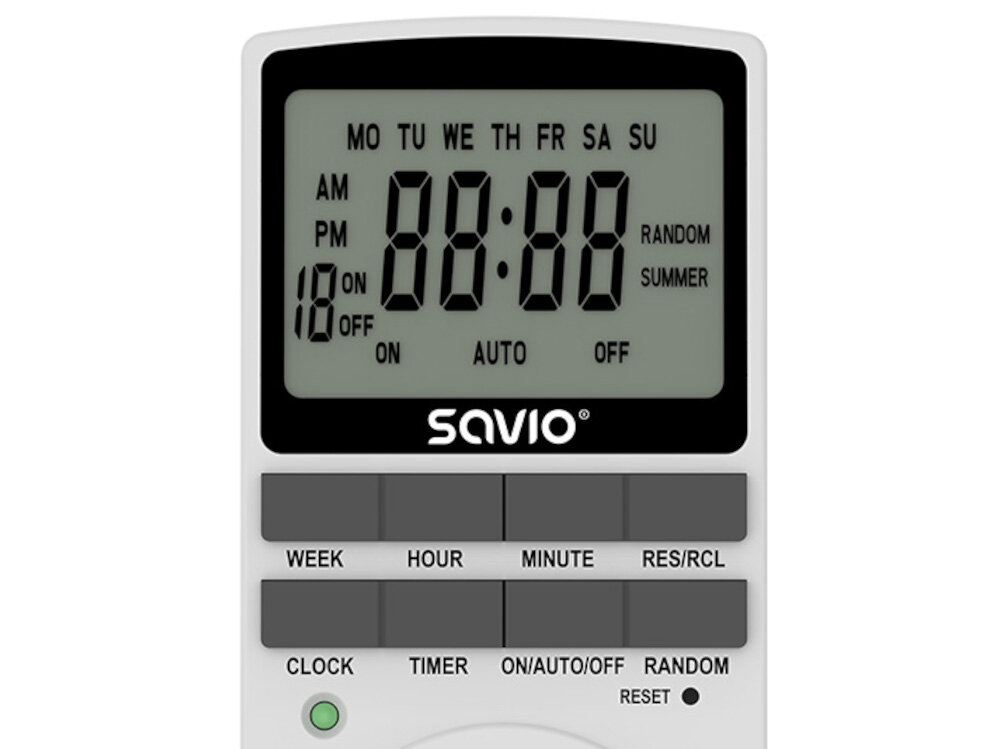 Programator czasowy SAVIO AE-03 harmonogram w systemie 12/24-godzinnym funkcja losowego wlaczania i wylaczania intuicyjny wyswietlac LCD prosta nawigacja